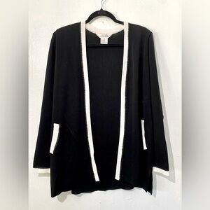 Misook -Black open front cardigan with white trim and 2 side pockets.Size S